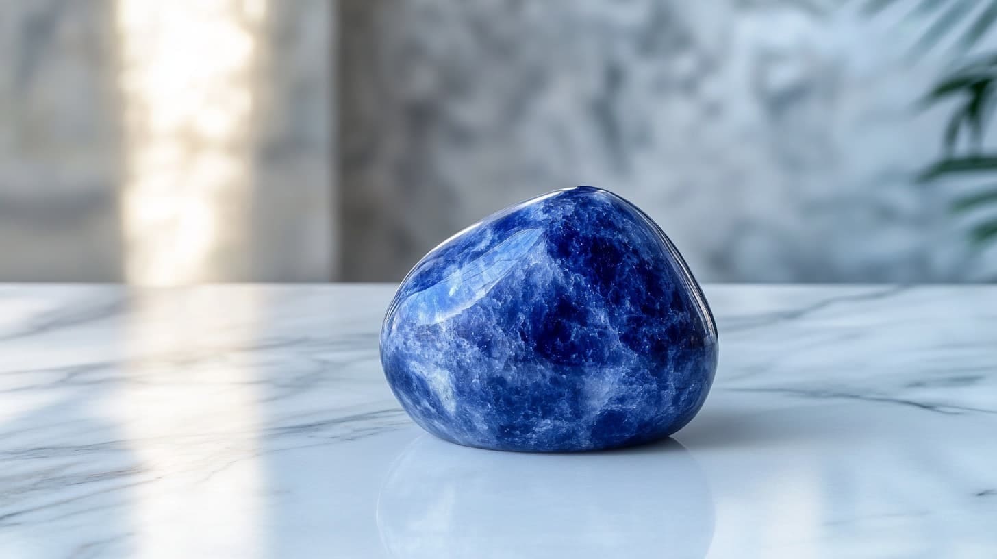 Polished sodalite stone in royal blue with white veining on marble