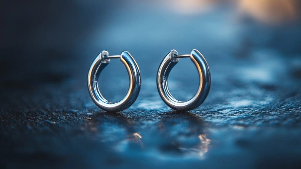 Stainless steel polished hoop earrings displayed on a textured surface, highlighting durability and timeless style.