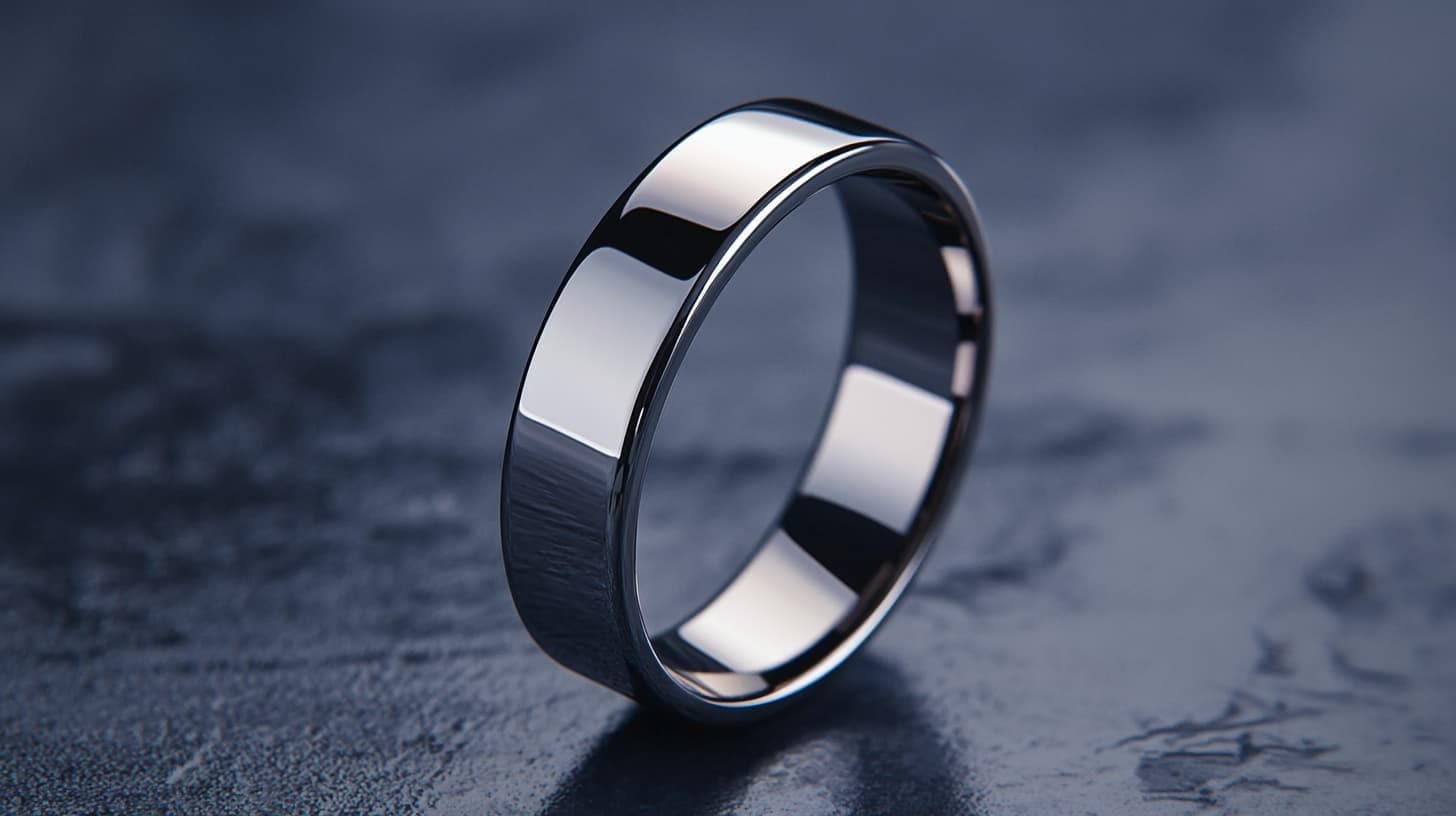 Polished tungsten carbide band ring standing on a dark textured surface