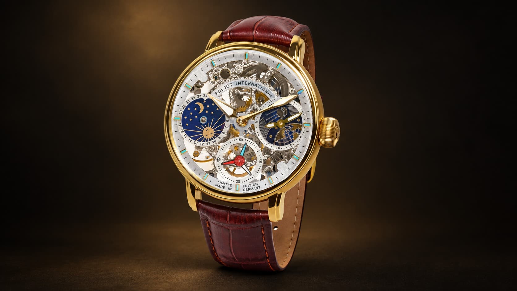 Poljot International Sputnik skeleton watch with gold case and moonphase dial