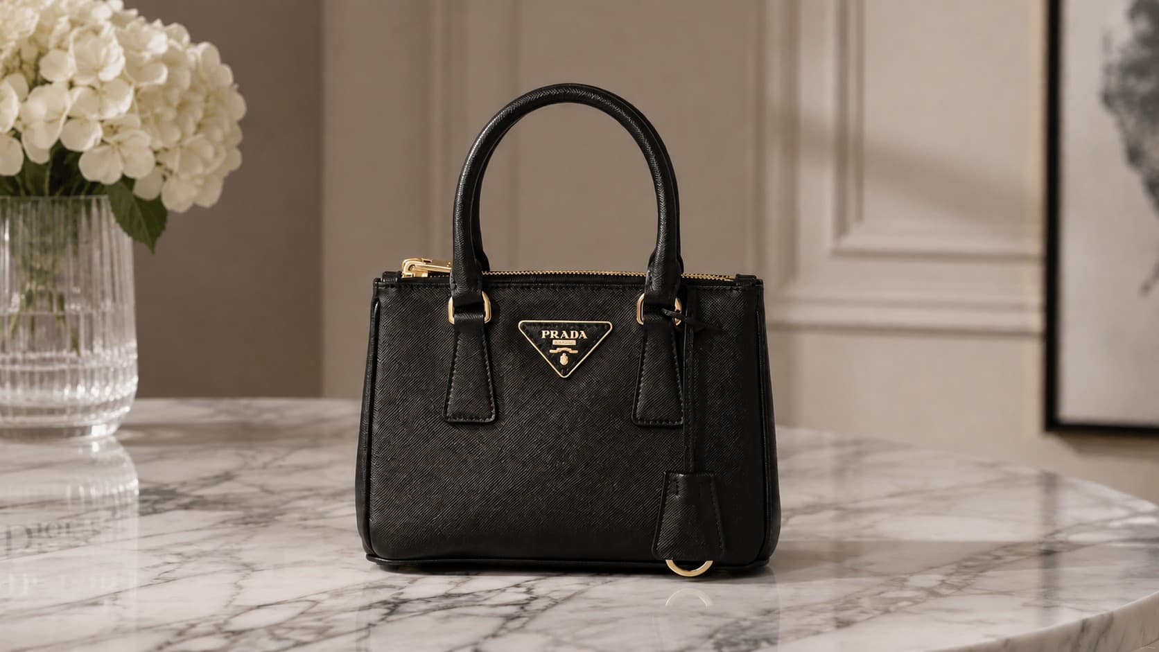 Black Prada Saffiano leather tote bag with gold hardware on a marble table