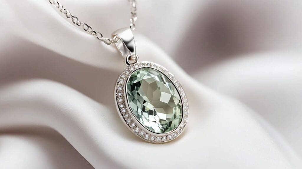 A stunning oval-cut prasiolite pendant with a diamond halo, set in silver, resting on luxurious white fabric, emphasizing its elegant design and soft green color.