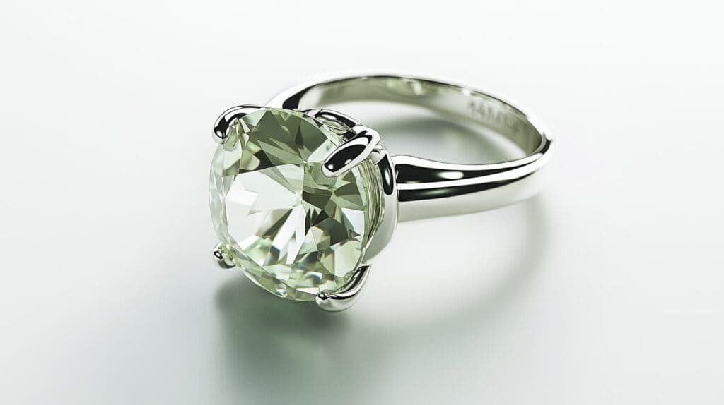 Elegant silver ring featuring a round faceted prasiolite gemstone, showcasing its soft green hue and brilliant sparkle on a white background.