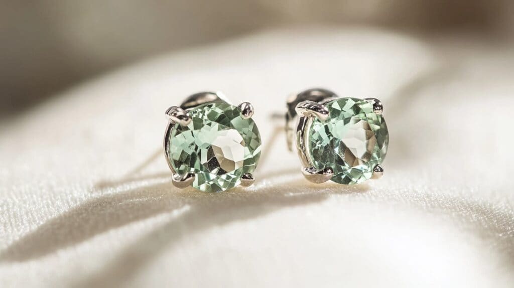 A pair of round faceted prasiolite stud earrings set in silver, displayed on soft fabric, highlighting their delicate green hue and refined elegance.