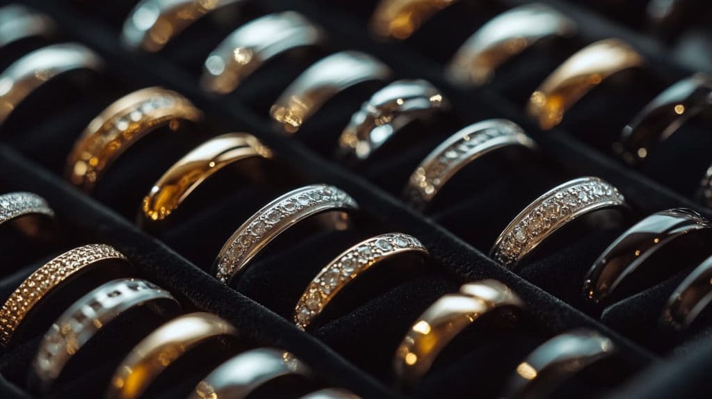 Assorted pre-owned rings, including diamond and gold designs, displayed in a jewelry case, emphasizing variety and value.