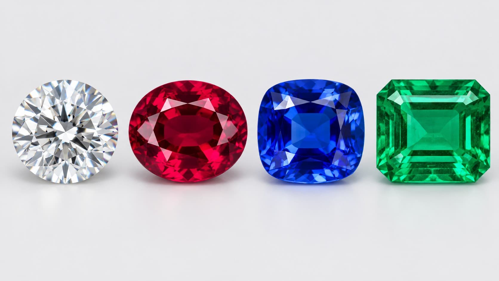 Diamond, ruby, sapphire, and emerald gemstones lined up side by side on a white background