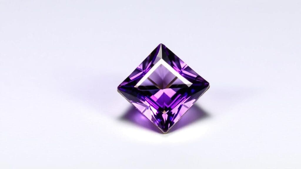 A princess-cut amethyst gemstone with a vibrant purple hue, showcasing exceptional clarity and precision-cut facets.