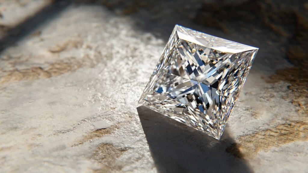 Loose princess cut diamond reflecting light, highlighting its intricate facet structure and square shape with pointed corners, known for exceptional brilliance.