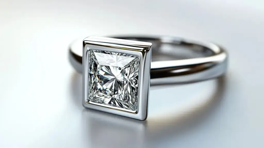Princess cut diamond ring with a bezel setting, emphasizing the diamond's square shape and providing maximum protection for the stone.