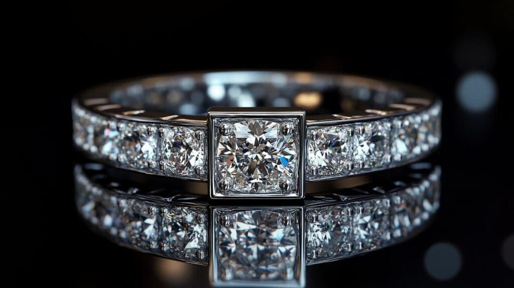 Princess cut diamond ring with a channel setting, featuring a row of smaller diamonds set in white gold, showcasing the brilliance and modern appeal of the design.