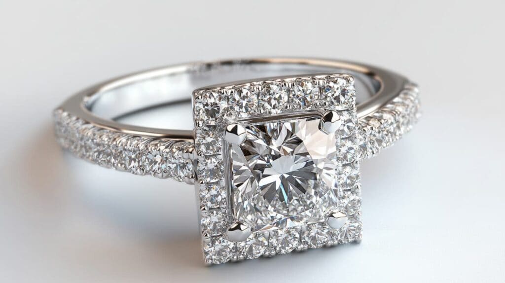 Princess cut diamond ring with a halo setting, surrounded by smaller diamonds, enhancing the center stone's size and brilliance.