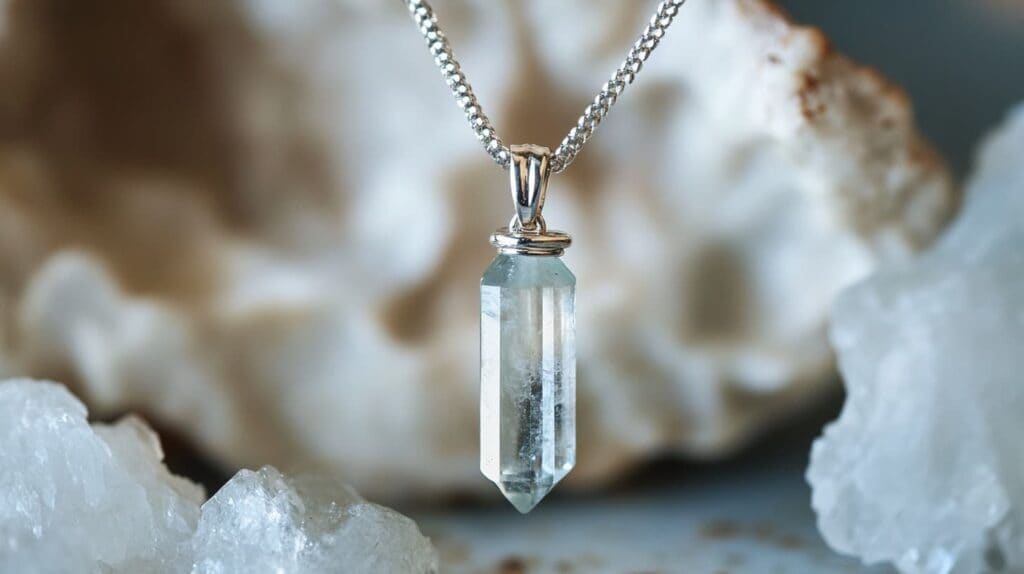 Prismatic danburite crystal pendant set in a minimalist silver design, displayed against a natural mineral background.