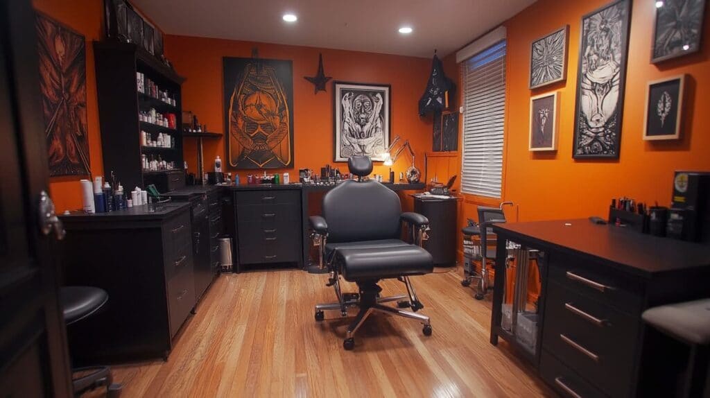 A professional piercing studio with a clean and organized environment, featuring sterile tools and a comfortable piercing chair.