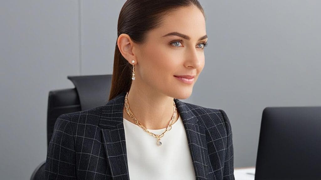 A professional woman wearing a gold chain necklace with a pendant and matching drop earrings, styled elegantly with a business outfit in an office setting.