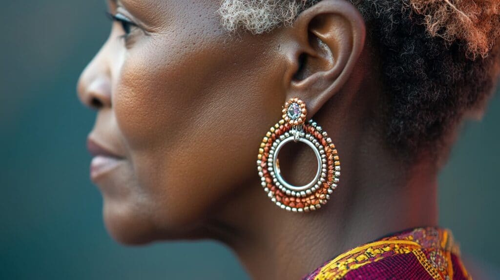 Close-up profile of a woman wearing intricate, culturally-inspired hoop earrings, highlighting the richness of cultural heritage and the significance of jewelry as a meaningful expression of identity and love.