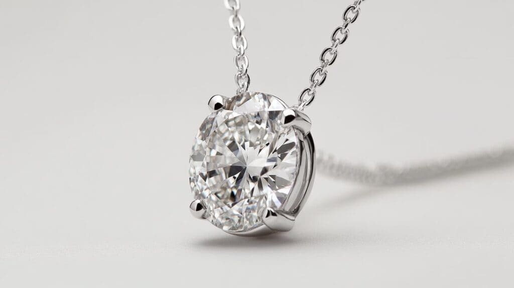 A solitaire diamond pendant in a prong setting, attached to a delicate chain, emphasizing the diamond's brilliance and elegant craftsmanship.