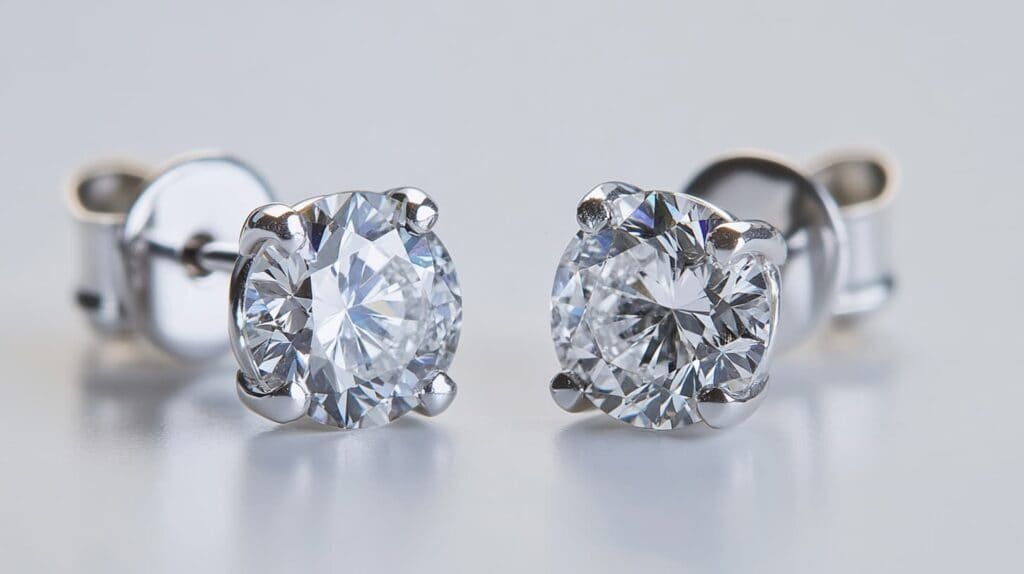 A pair of prong-set diamond stud earrings, showcasing round brilliant-cut diamonds securely held in sleek prong settings.