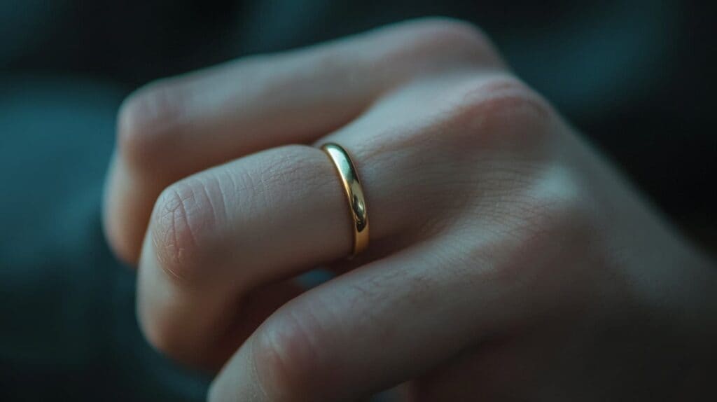 Close-up of a well-fitted gold ring on a person's finger, showing a comfortable and secure fit.