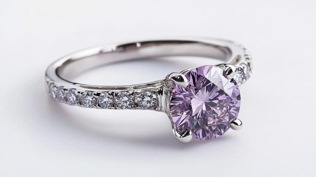Stunning purple diamond engagement ring set in white gold with a sparkling pave band on a white background.