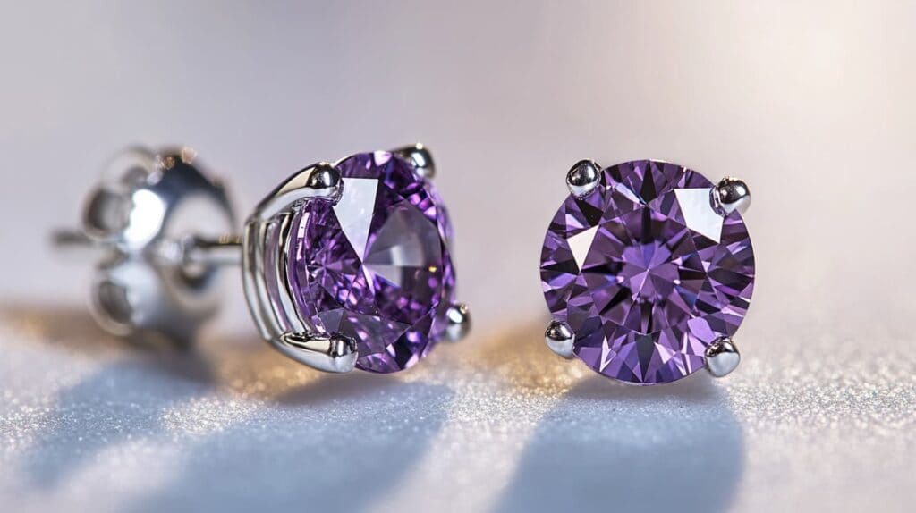 Elegant pair of round-cut purple diamond stud earrings set in white gold, reflecting soft light.