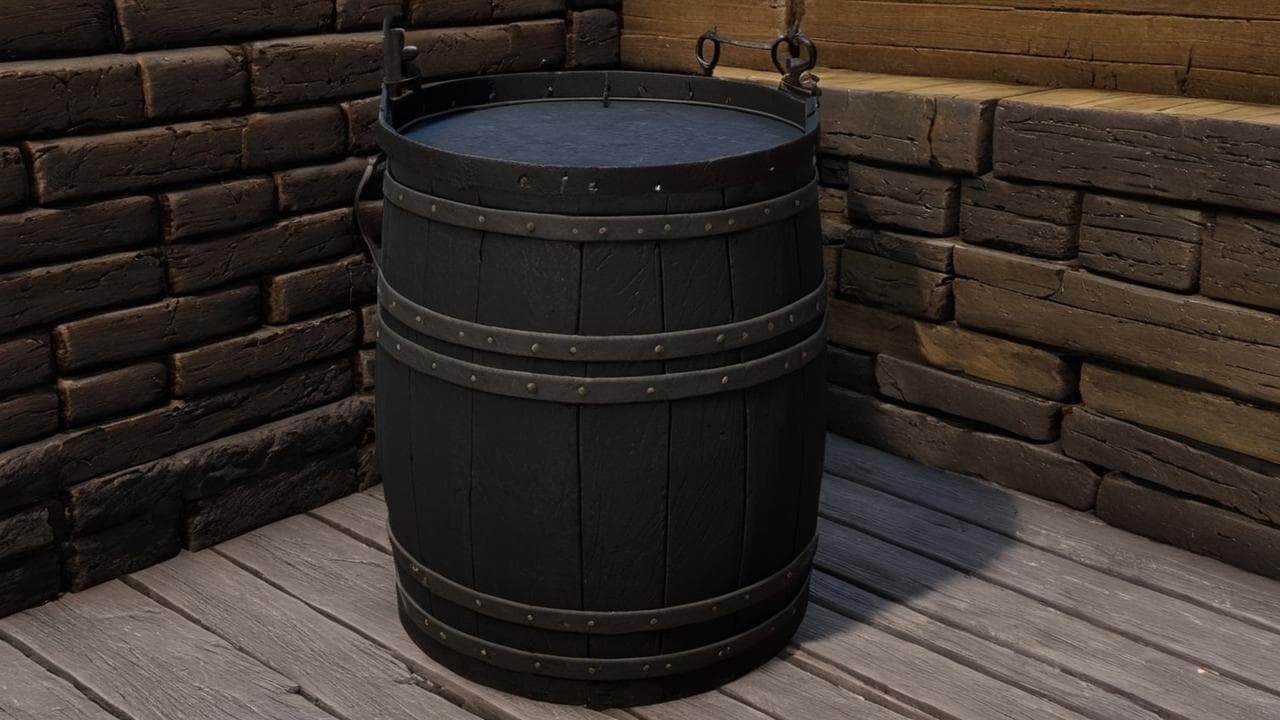 Iron-banded wooden quenching barrel in a workshop corner