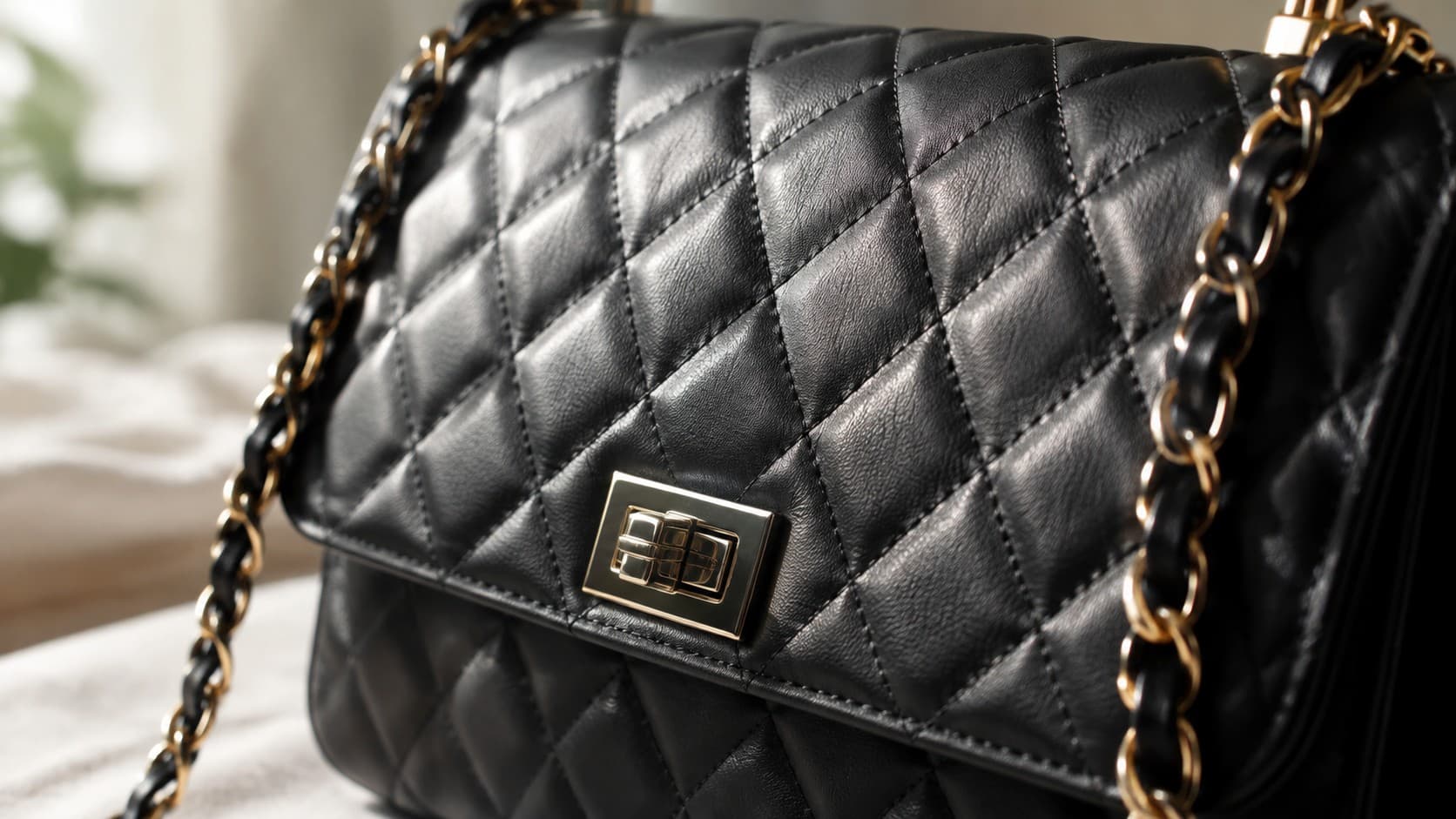 Quilted leather bag detail with gold turn-lock closure and chain strap