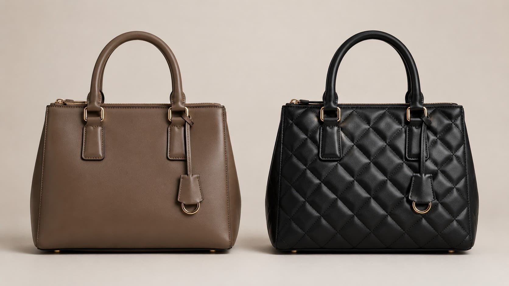 Quilted leather handbag next to a smooth leather handbag for comparison