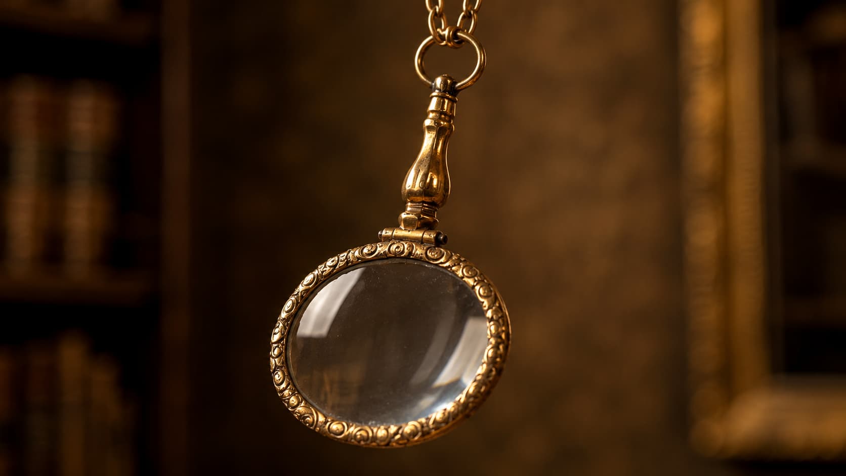 Gold quizzing glass pendant hanging from a chain