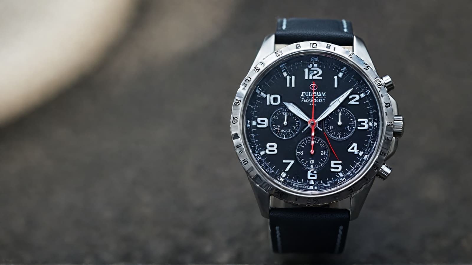 Steel chronograph with black dial, red seconds hand and tachymeter bezel