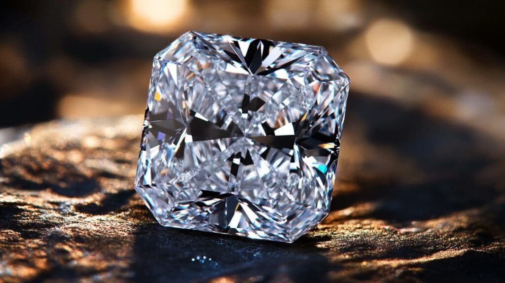 Radiant cut diamond placed on a rock surface, reflecting warm natural light for a stunning display of brilliance.