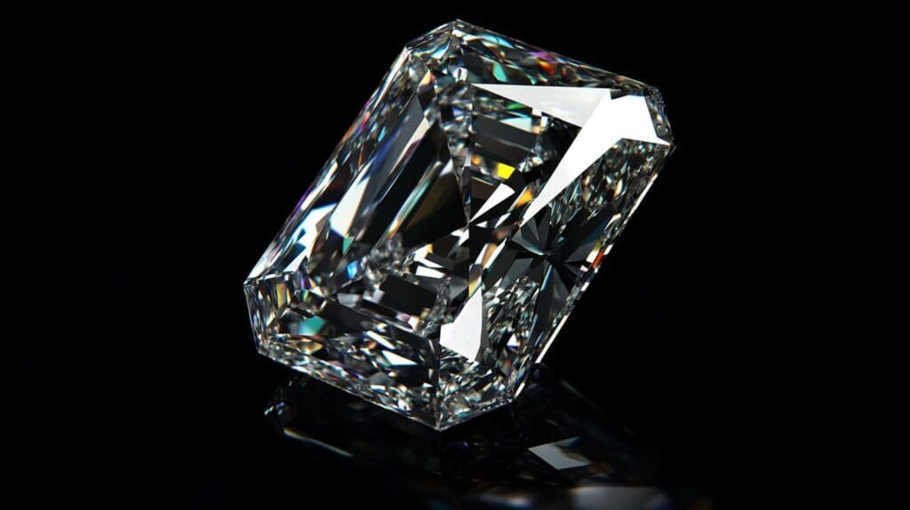 A radiant cut diamond tilted on a reflective black surface, capturing its intricate facets and fire.