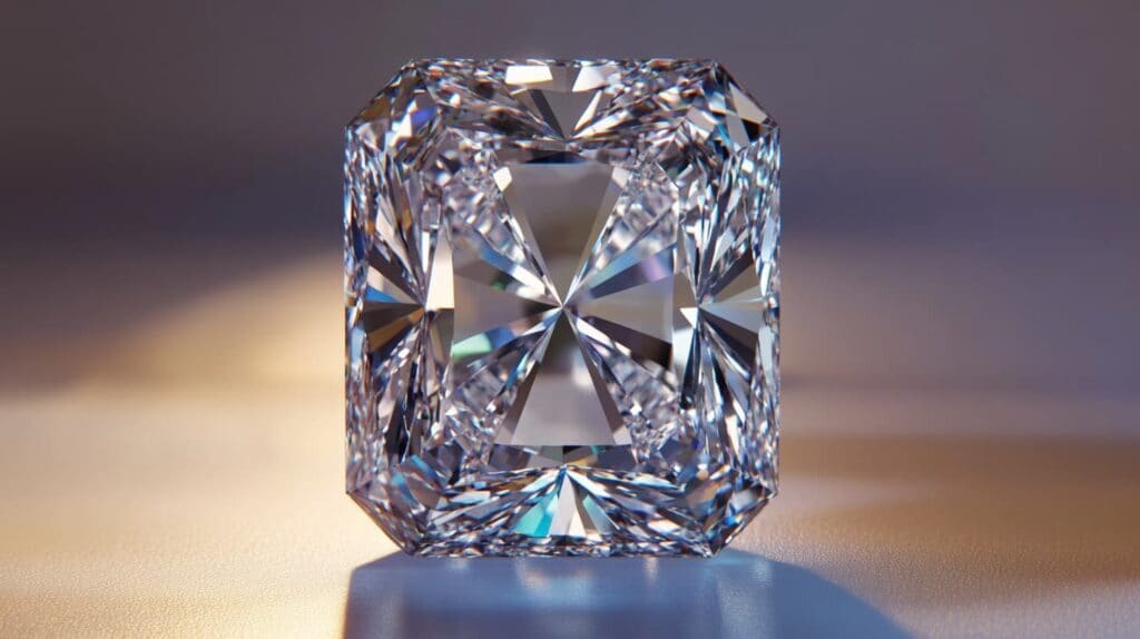 Close-up of a radiant cut diamond reflecting light, showcasing its 70-facet pattern and brilliance.