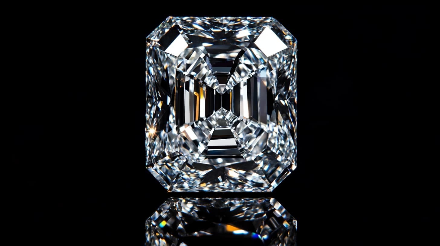 Radiant-cut diamond with cropped corners and brilliant faceting on black