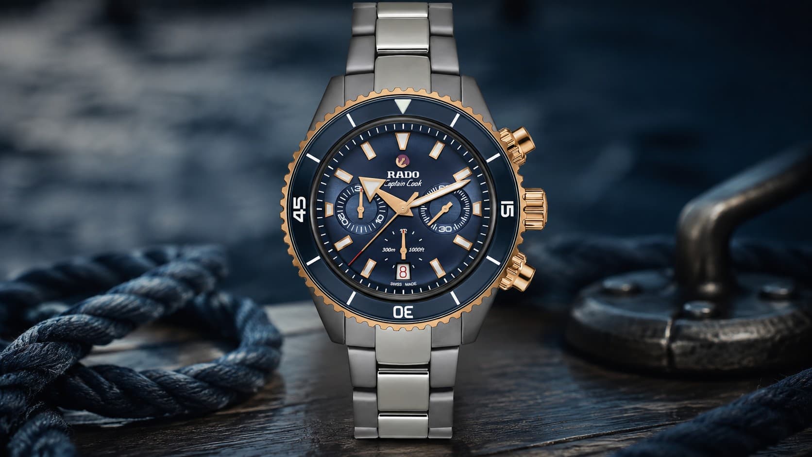 Rado Captain Cook High-Tech Ceramic chronograph watch with blue dial and rose gold accents