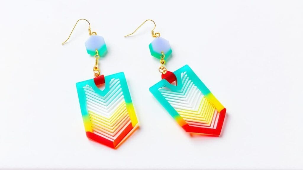 Colorful chevron-patterned acrylic earrings featuring gradient red, yellow, white, and teal plastic with geometric cutouts and gold hooks.