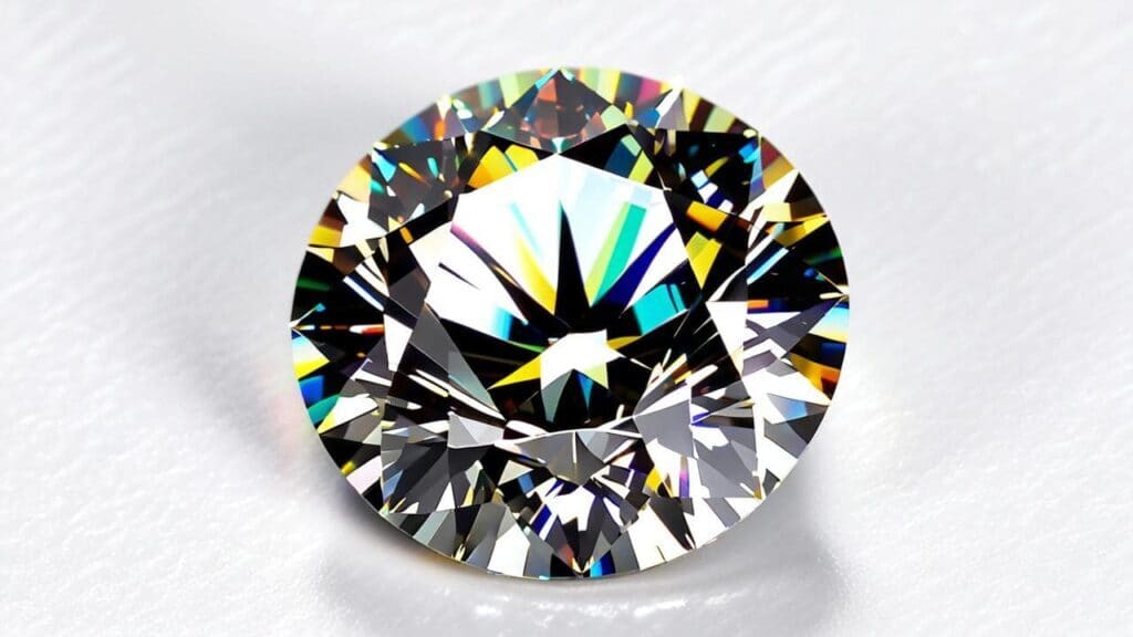 A round-cut gemstone with a rainbow-like surface coating, displaying multicolored reflections on a white background.