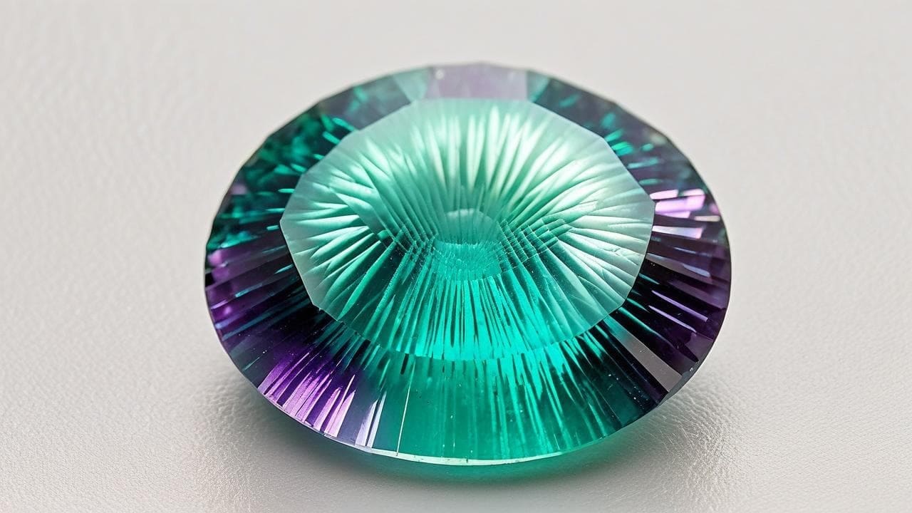 Oval concave-cut fluorite banded in green, teal and purple