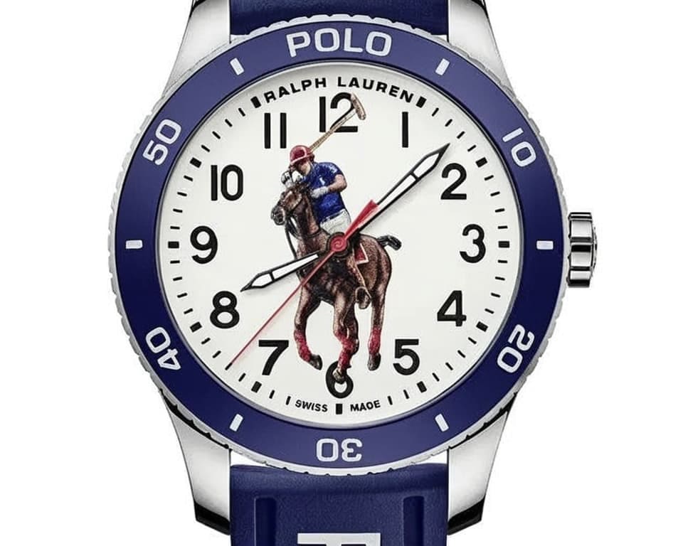 Ralph Lauren Polo watch with painted polo player dial, blue bezel and blue rubber strap