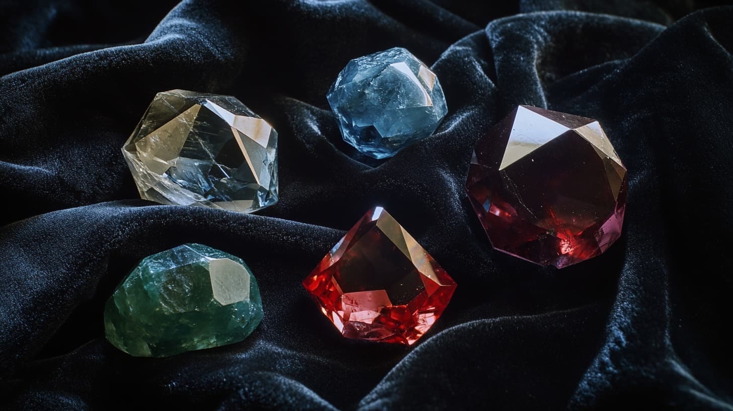Five rough faceted gemstones in green, blue, red and pink on black velvet