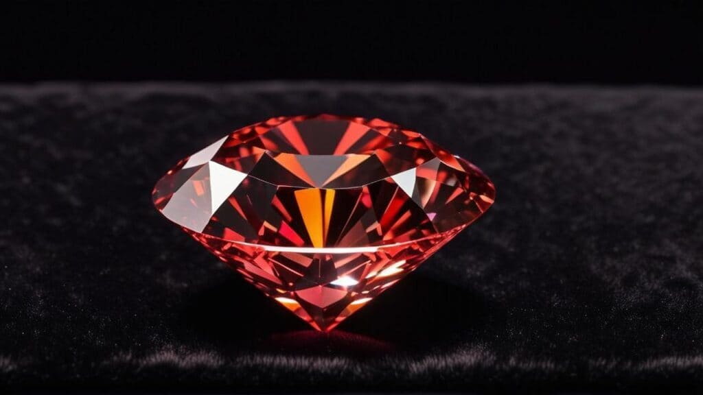 A stunning red diamond resting on black velvet, showcasing its rare and vibrant color.