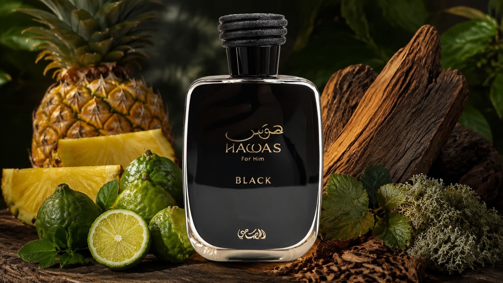 Rasasi Hawas Black fragrance bottle with pineapple, bergamot, cedarwood, patchouli, and oakmoss