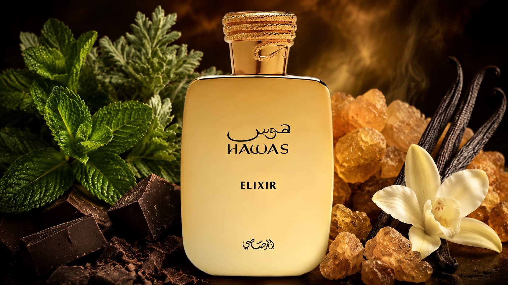 Rasasi Hawas Elixir fragrance bottle with spearmint, artemisia, dark chocolate, benzoin, and vanilla