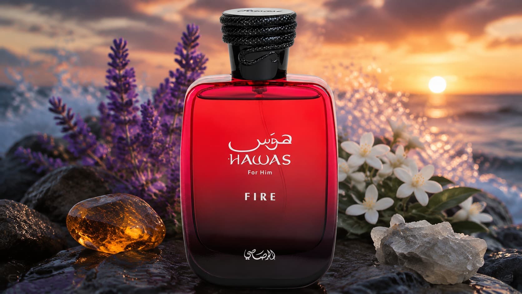 Rasasi Hawas Fire fragrance bottle with clary sage, marine notes, Egyptian jasmine, ambergris, and mineral notes