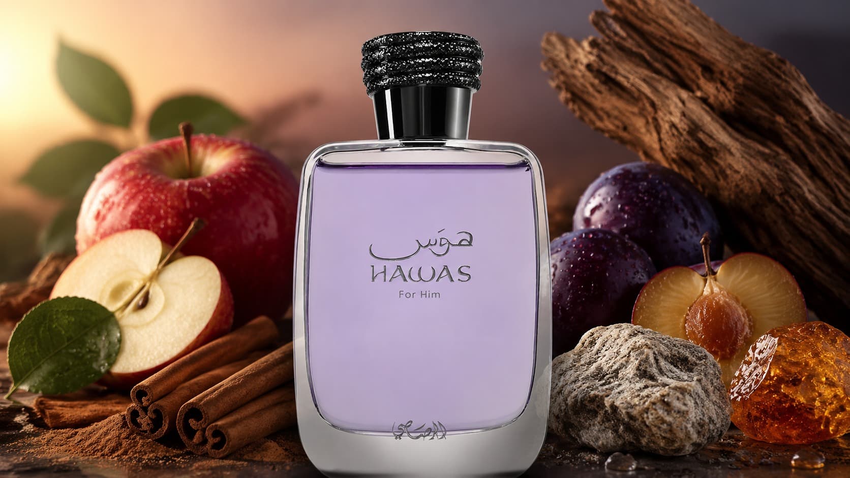 Original Rasasi Hawas for Him fragrance bottle with apple, cinnamon, plum, ambergris, and driftwood