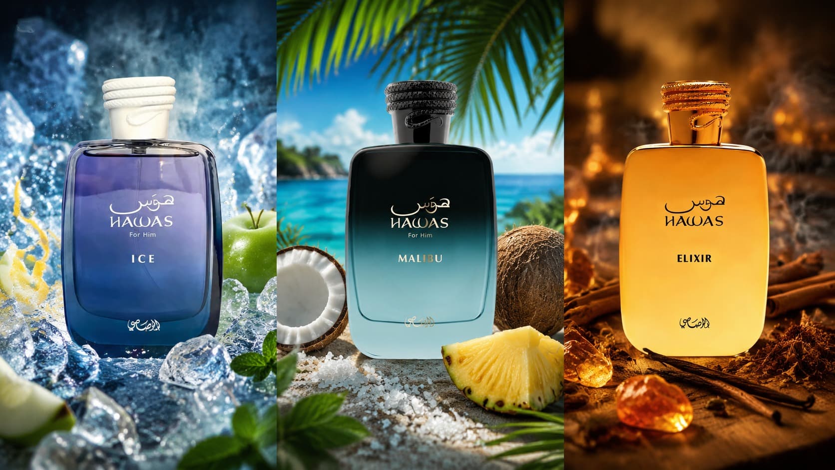 Rasasi Hawas fragrance collection featuring Ice, Malibu, and Elixir bottles