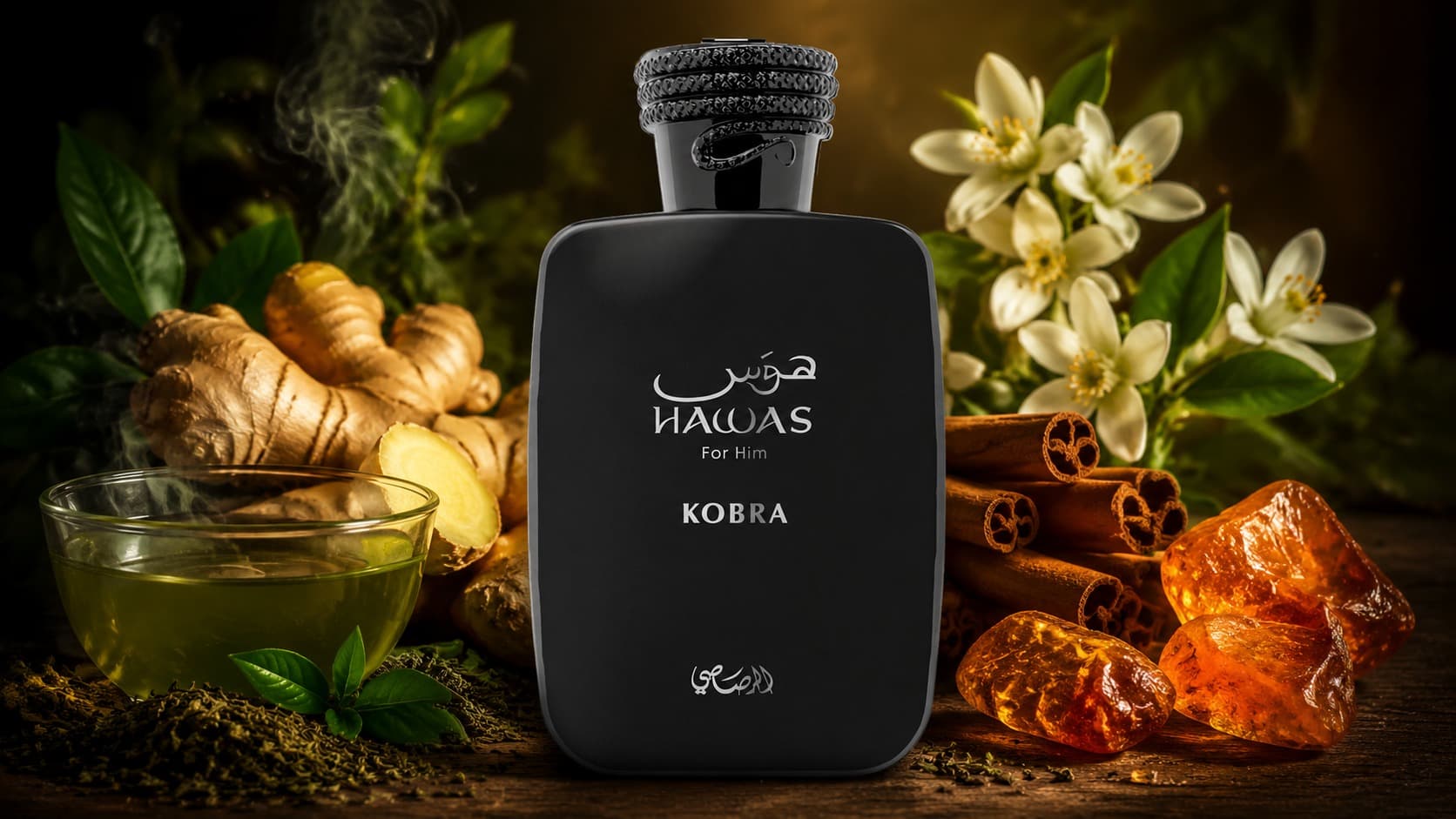 Rasasi Hawas Kobra fragrance bottle with ginger, green tea, cinnamon, neroli, and amber