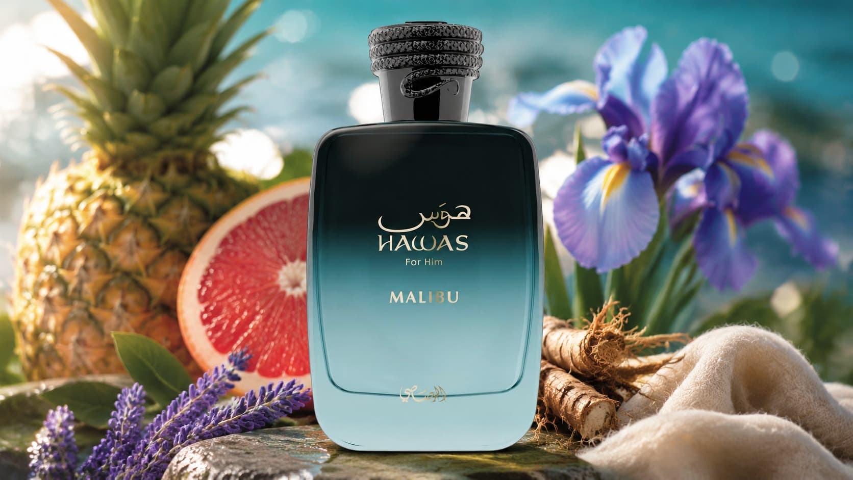 Rasasi Hawas Malibu fragrance bottle with pineapple, grapefruit, iris root, lavender, and cashmeran