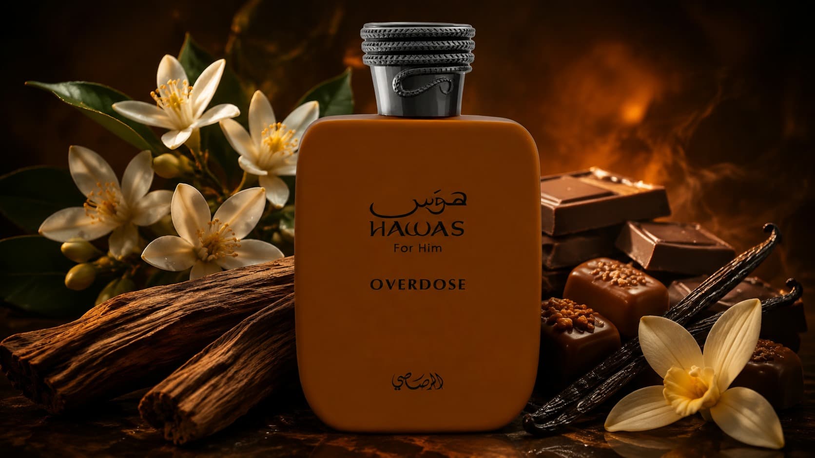 Rasasi Hawas Overdose fragrance bottle with orange blossom, guaiac wood, praline, dark chocolate, and vanilla