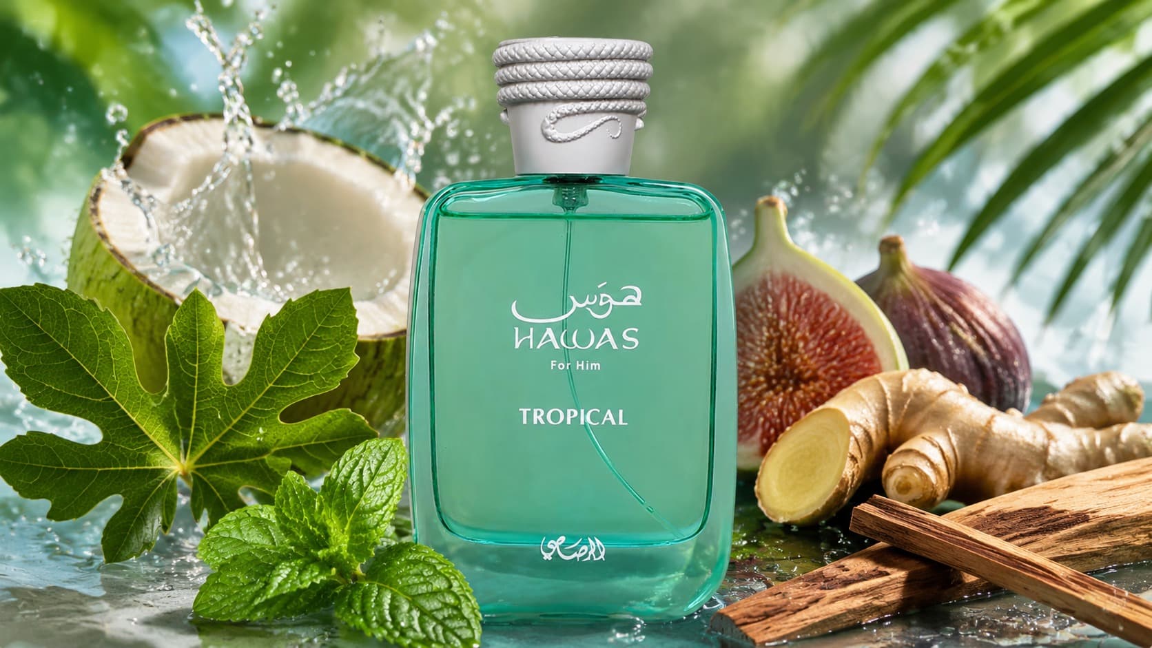 Rasasi Hawas Tropical fragrance bottle with coconut water, fig leaf, ginger, mint, and sandalwood