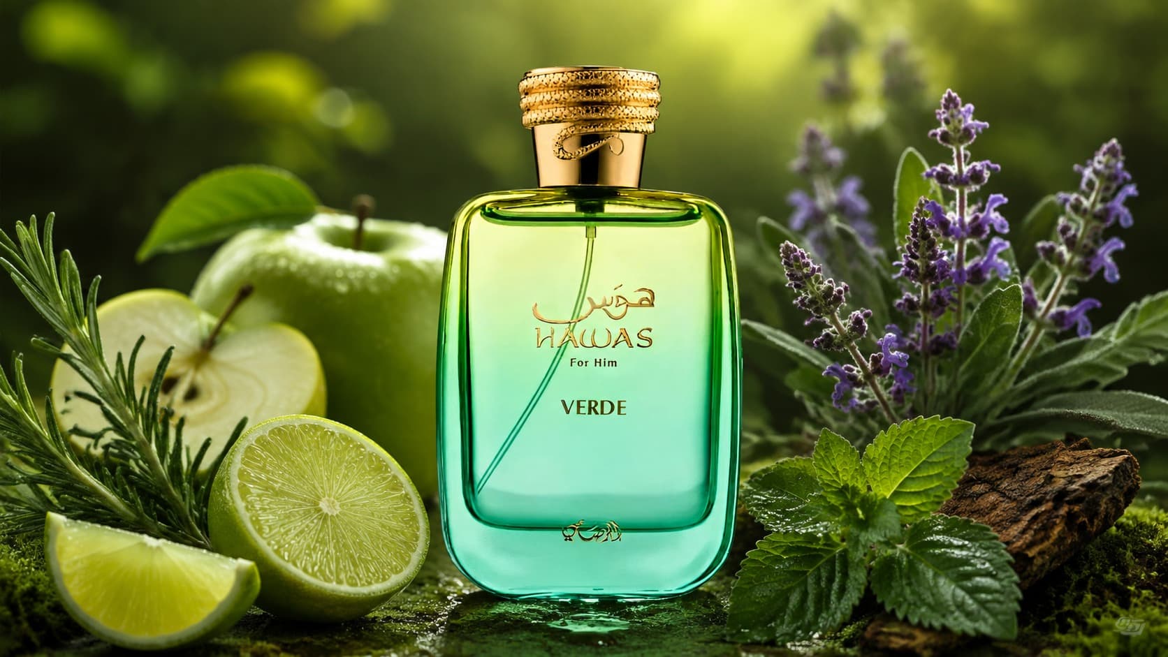 Rasasi Hawas Verde fragrance bottle with lime, green apple, rosemary, clary sage, and patchouli